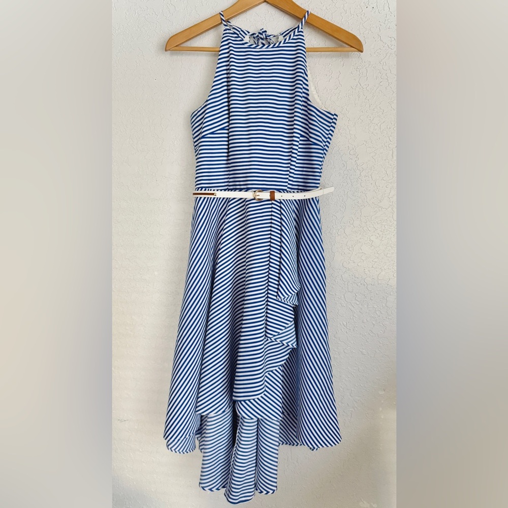 Eliza J. High-Low belted blue/white striped dress - 4P